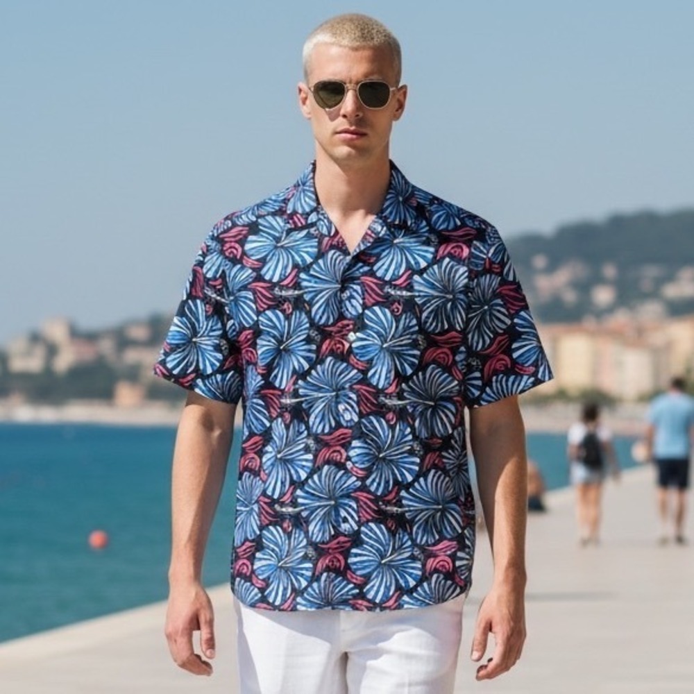 Robert Graham Mens Floral Hibiscus Short Sleeve Button Down Shirt Blue Pink L